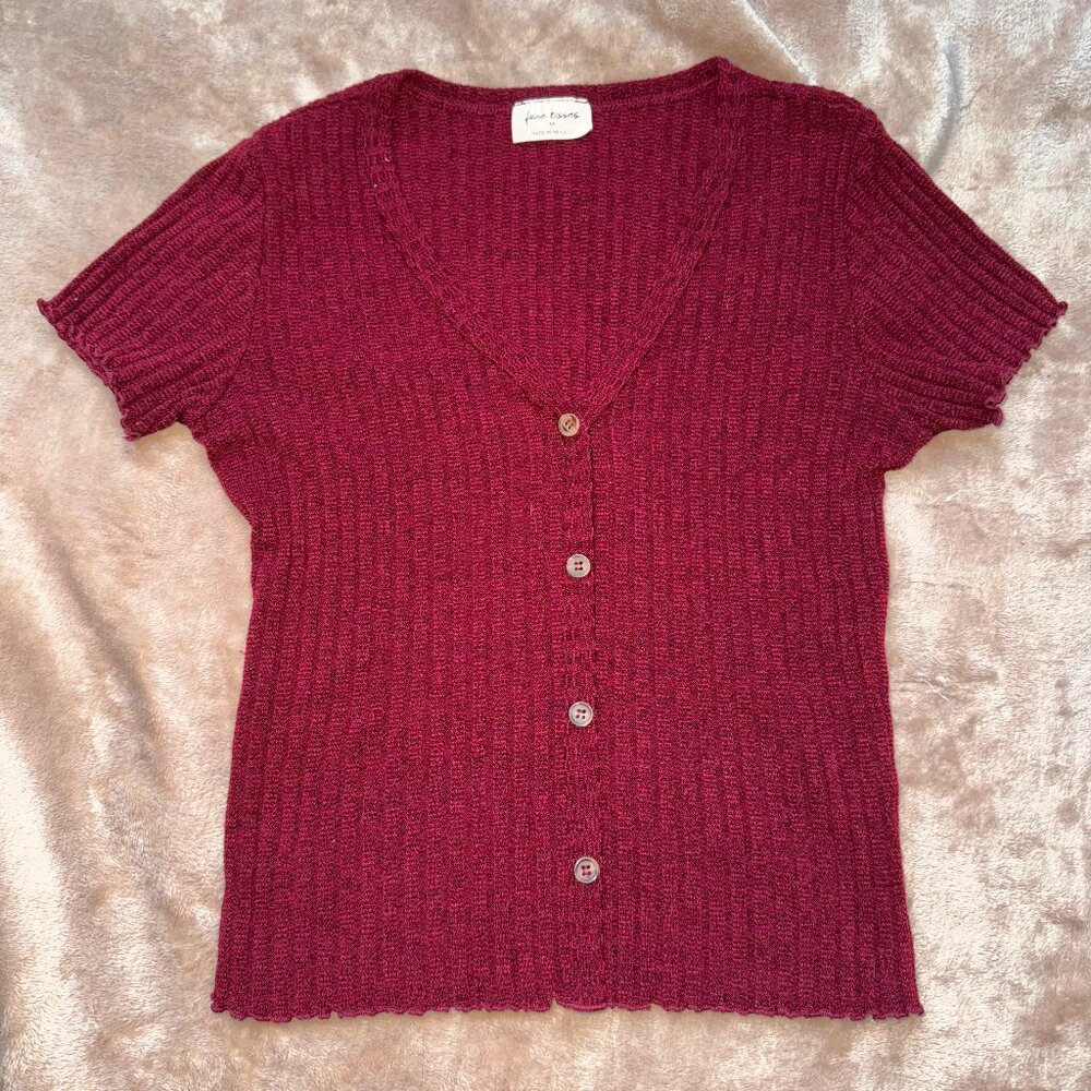 Free Kisses Burgundy Ribbed Knit Cardigan Shirt